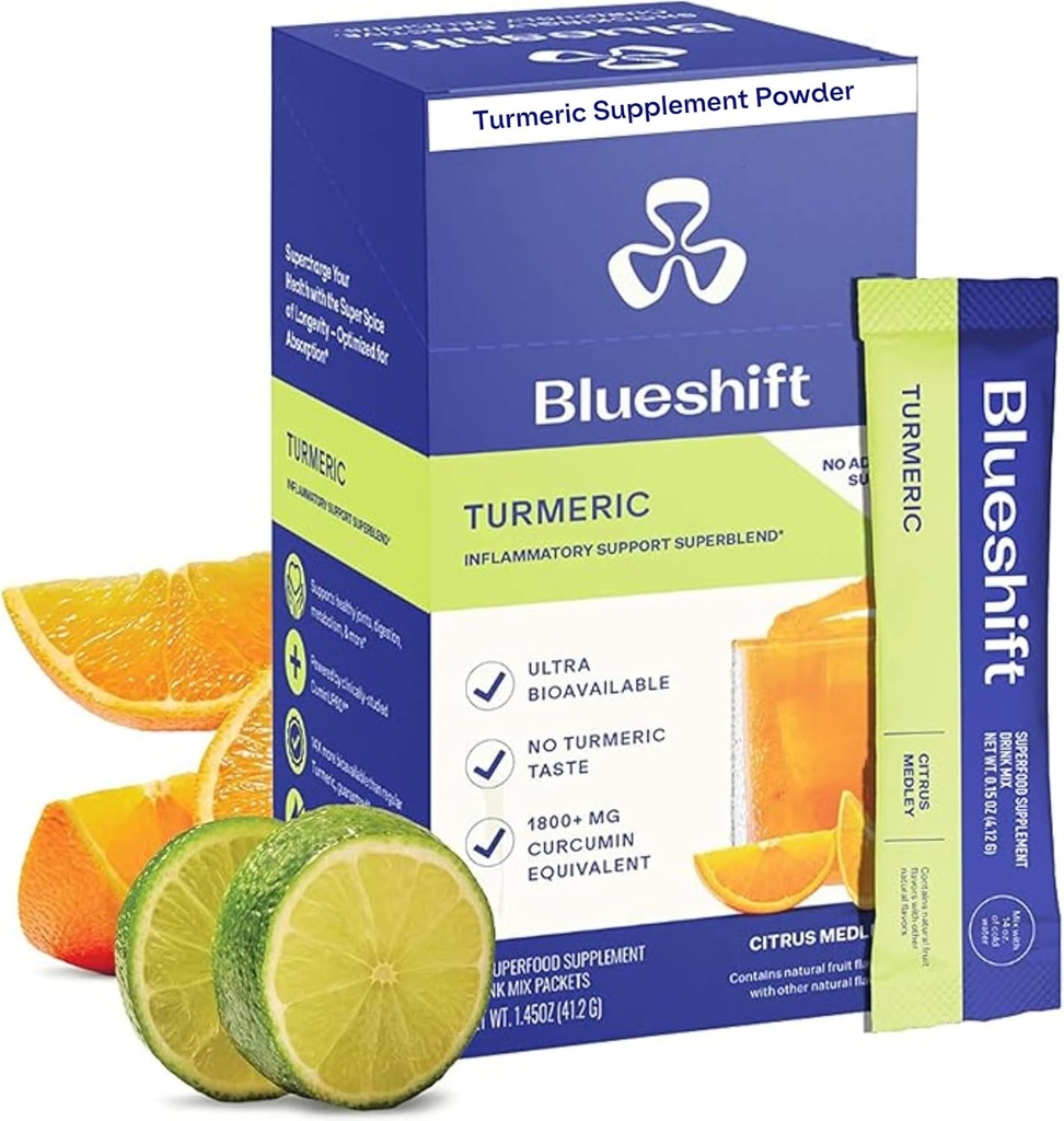 Blueshift Turmeric Citrus Medley - Turmeric Powder Packets for Water, Turmeric Curcumin Supplement, No Sugar Drink Mix for Natural Recovery Support - Citrus Flavor, Powder Sticks (10 Pack)