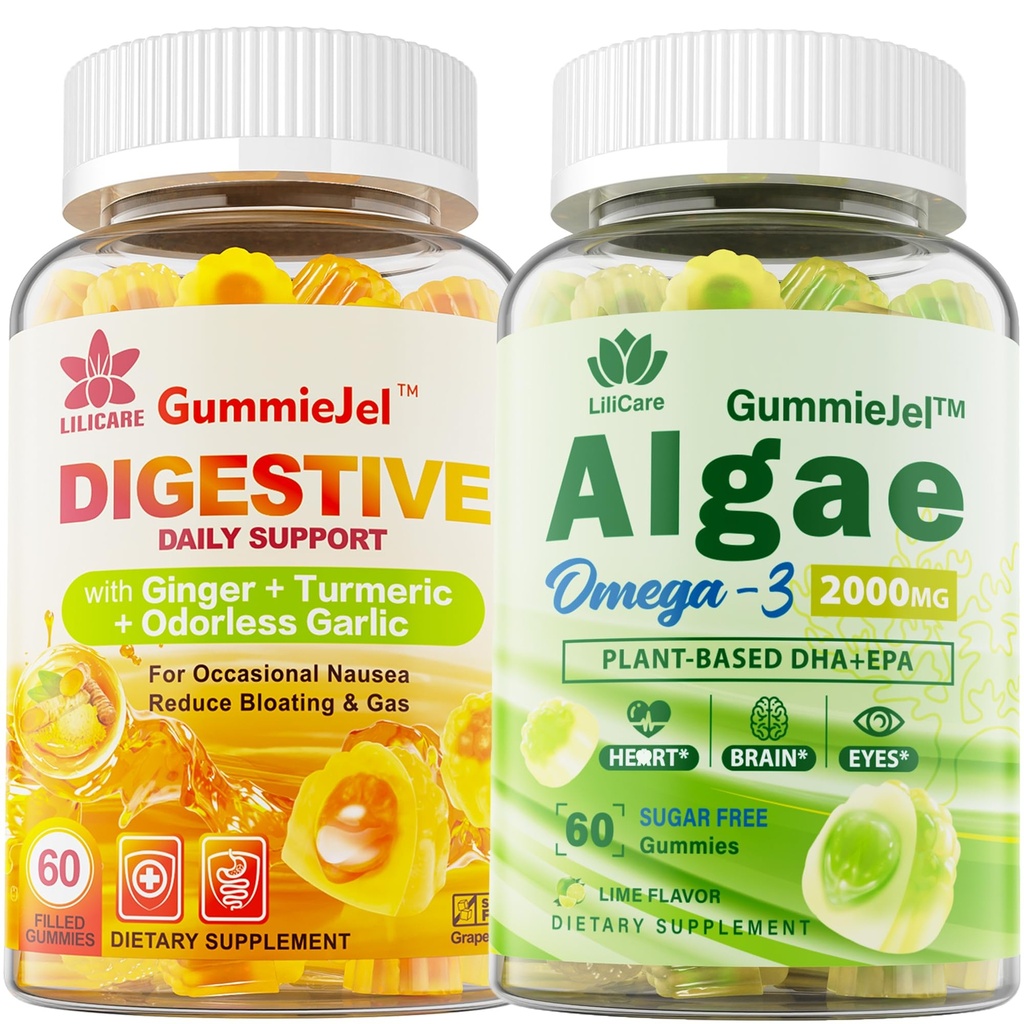 LILICARE Sugar Free Omega 3 Fedtsyre 2000mg med 640mg DHA & 290mg EPA, Multivitamin, CoQ10, Astaxanthin + Ginger fyldt gummier for kvalme - Mave relief - Ultra Absorption for fordøjelsesstøtte