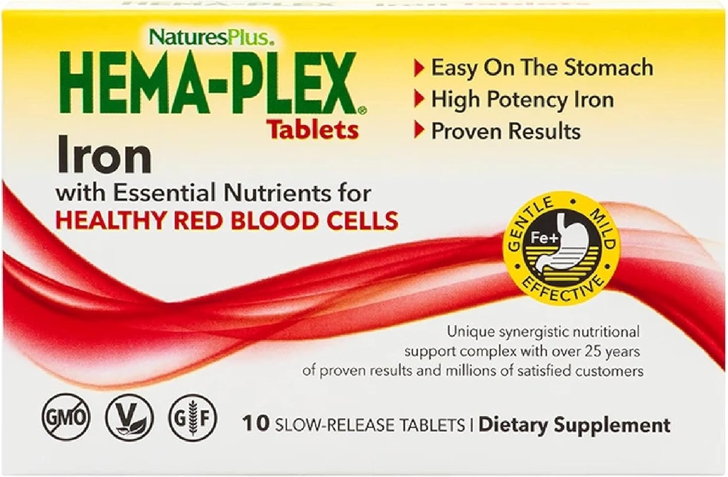 NaturesPlus Hema- Plex Iron - 10 Slow-Release Tablets - 85 mg Chelated Iron - Total Blood Health - med C-vitamin & Bioflavonoider - Vegan, Gluten Free - 10 Servere