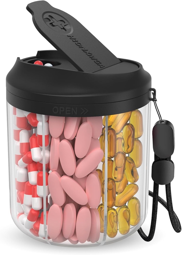 Pill Dispenser with 7 Large Compartments, Pill Bottle Organizer 4.4" H x 3.6" Dia for Travel, Supplement Organizer with Anti-Mixing Design, BPA-Free Pill Container with 20 Pcs Labels, Black