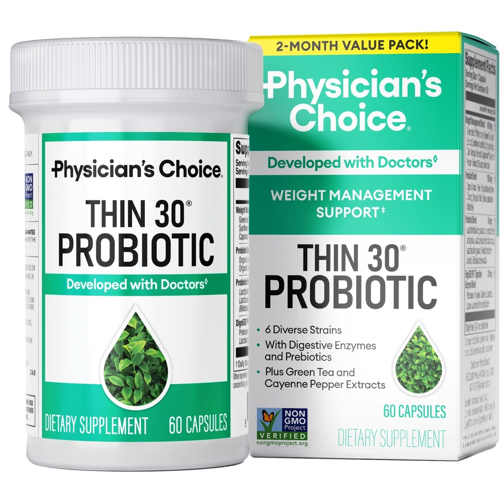 Lægens CHOICE Probiotika til vægtstyring & Bloating - 6 Probiotiske Probiotika - Prebiotika - Nøgleingrediens Cayenne - Understøtter Gut Sundhed - Vægtning for kvinder & mænd - Grøn te - 60 CT