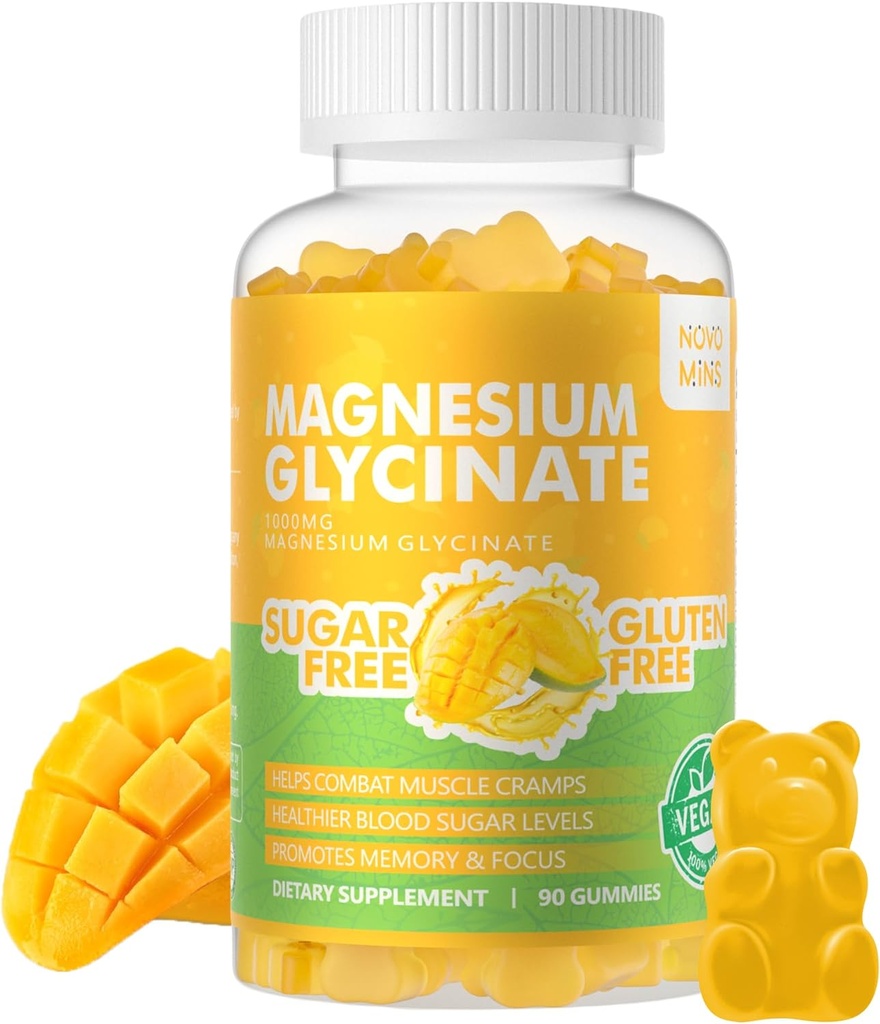 90 CT Magnesium Glycinat Gummies 1000mg - Sugar Free Magnesium Kalium Supplement med D-vitamin, B6, CoQ10 for Calm Mood & Sleep Support - 90 Mango Pineapple Gummies