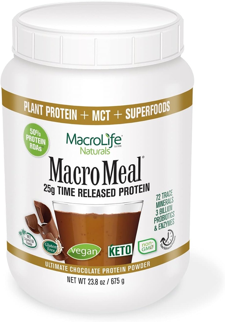 MacroLife Naturals MacroMeal Vegan Chokolade Protein Powder Superfood Green Probiotika + Fiber, immunenergi fordøjelsesmæssige daglige essentials for kvinder & mænd Gluten- Free - 23.8oz (15 Servere) Chokolade
