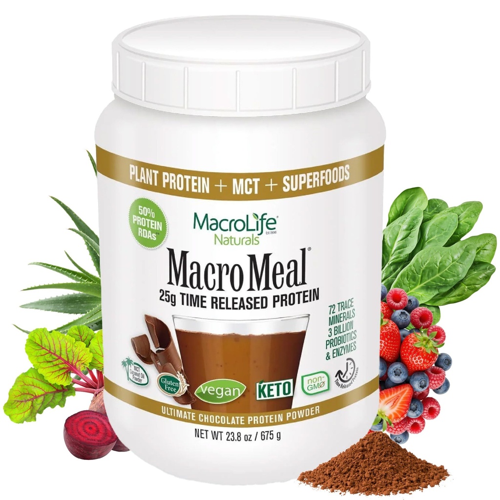 MacroLife Naturals MacroMeal Vegan Chokolade Protein Powder Superfood Green Probiotika + Fiber, immunenergi fordøjelsesmæssige daglige essentials for kvinder & mænd Gluten- Free - 23.8oz (15 Servere) Chokolade