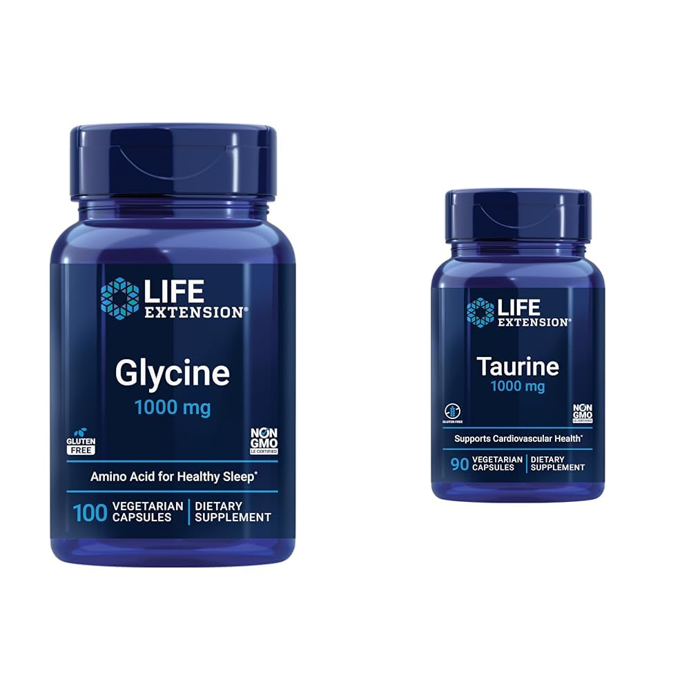 Life Extension Glycin 1000 mg, fremmer afslapning, sund søvn & taurine, Pure Taurine Aminosyretilskud, hjerte, lever og hjerne sundhed
