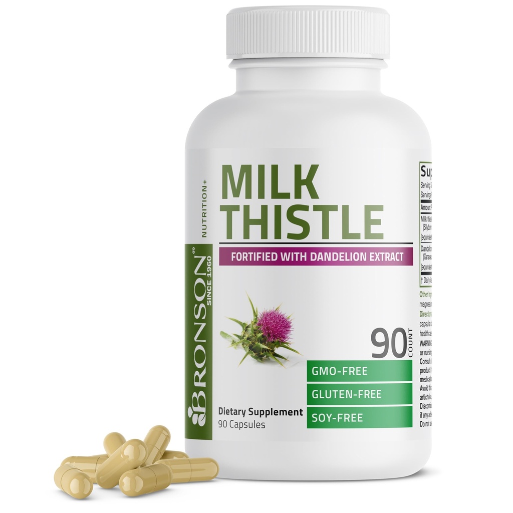 Bronson Milk Thistle Silymarin Marianum & Mælkebøtte Root Lever Health Support, Antioxidant Support, Detox, 90 Kapsler