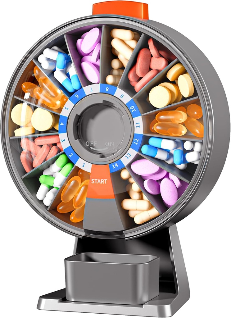 Zoksi Stor Pill Organizer, Daily Pill Box for 7 eller 14 dage, Wall- Mountable Pill Dispenser Hold for medicin, Vitamin eller Kosttilskud, Ugentlig Pill sag med nem trykknap (Grå)