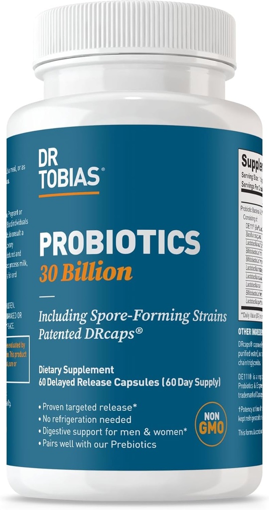 Dr. Tobias Probiotics 30 Millioner, 10 Stammer, 30 Millioner CFU 'er, Målrettet Release Probiotics for Kvinder & Mænd, Understøtter fordøjelsessygdomme, Shelf- Stable, Non- GMO, 60 Kapsler, 60 Servering
