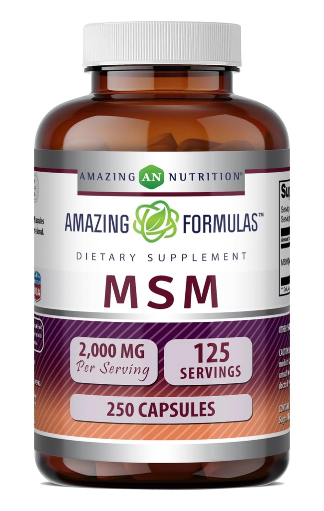 Amazing Formulas MSM (Methylsulfonylmethan) Supplementér 124; 2000 Mg Per Serving Budding 124; Kapsler 124; Non- GMO Buddy 124; Gluten Free Buddy 124; Lavet i USA (1 pakke, 250 Tæl)