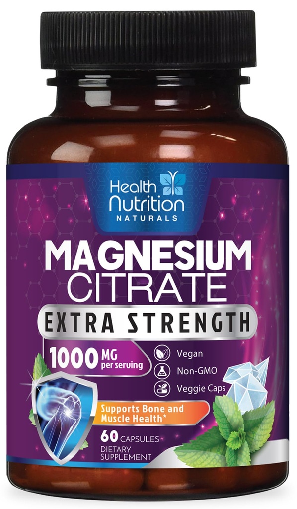 Magnesium Citrate kapsler 1000mg - Max Absorption Magnesium pulver til muskel, nerve, ben og hjerte sundhed støtte, høj Absorption Citrate Complex, Gluten Free, Non- GMO - 60 Kapsler