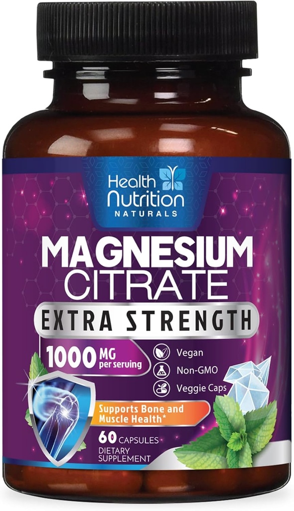 Magnesium Citrate kapsler 1000mg - Max Absorption Magnesium pulver til muskel, nerve, ben og hjerte sundhed støtte, høj Absorption Citrate Complex, Gluten Free, Non- GMO - 60 Kapsler