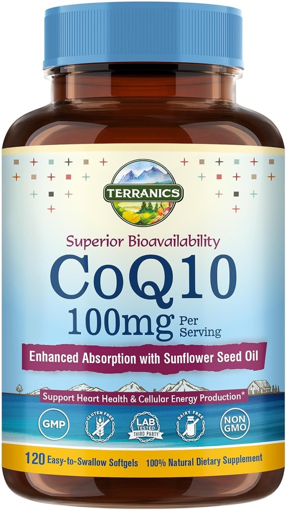 Terranics CoQ10 100mg, 120 Softgel, Absorption med ekstra jomfruolie, Heart Health & Energy Production