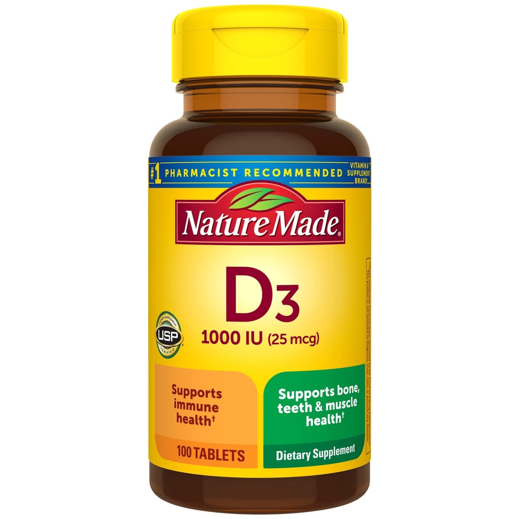 Nature Made Vitamin D3 1000 IE (25 mcg), Vitamin D supplement til ben, tænder, muskel og immunforsvar, 100 tabletter, 100 dages forsyning