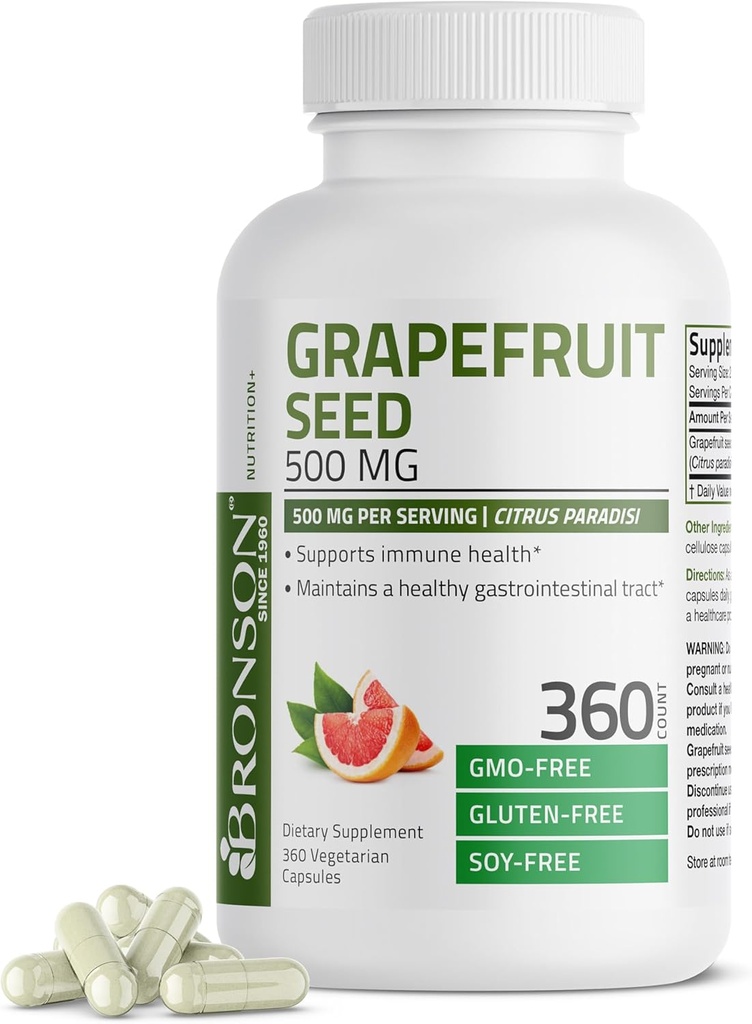 Bronson Grapefrugt Seed Extract 500 MG per servering Citrus Paradisi understøtter immunforsvar & hjælper med at opretholde en sund mave-tarmkanalen - non-GMO, 360 vegetariske kapsler