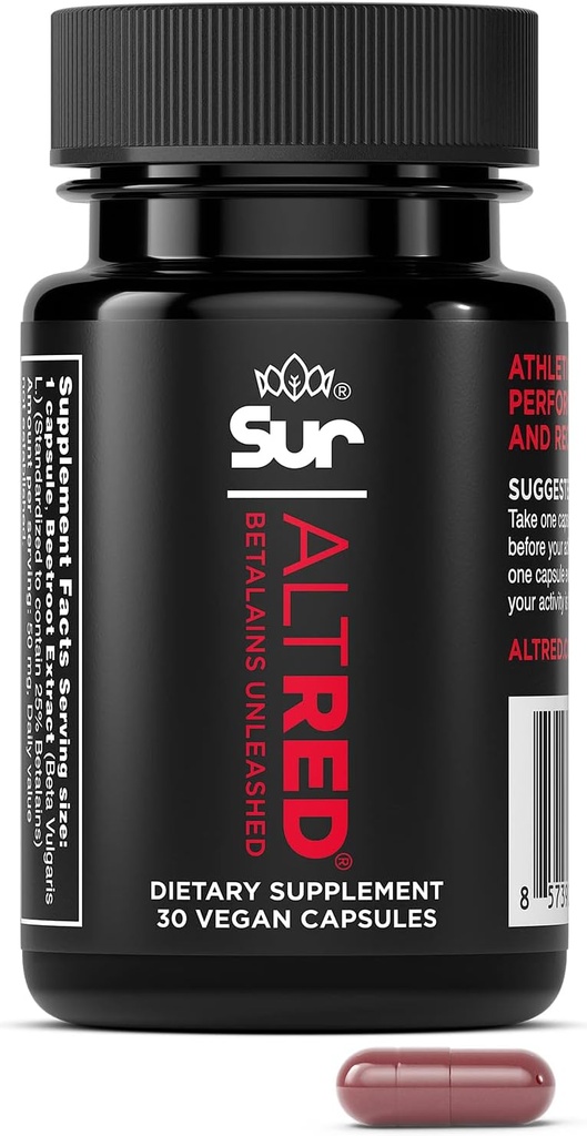 AltRed Sur Beet Root Capsules for Muscle Recovery and Sports Nutrition - 25% Betalain Extract Pre Workout & Nitric Oxide Supplement for Endurance Atletes - NSF Certified for Sport
