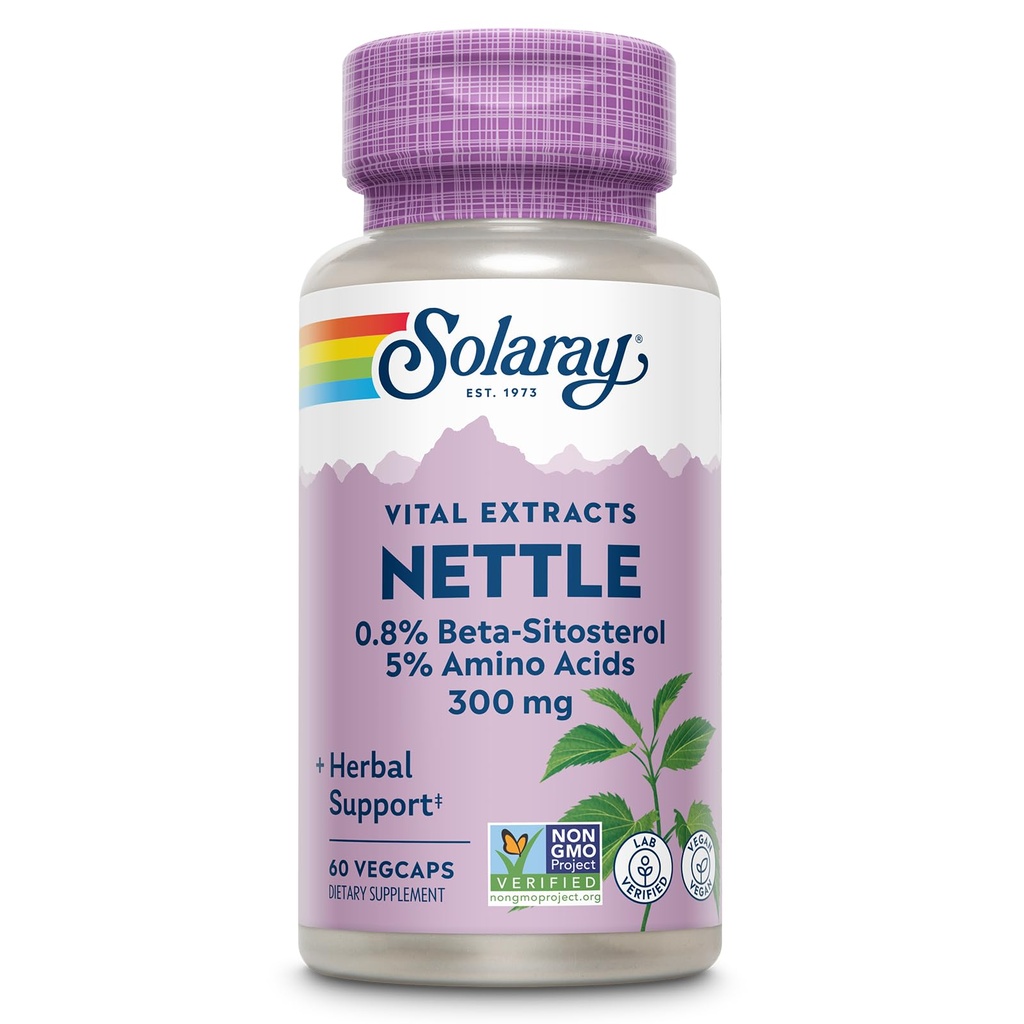 SOLARAY Nettle Root Extract 300 mg med Nettle Root 150 mg, Sund urinære & prostata støtte til mænd med aminosyrer og beta- sitosterol, Vegan, 60- dag garanti, 60 Servere, 60 VegCaps