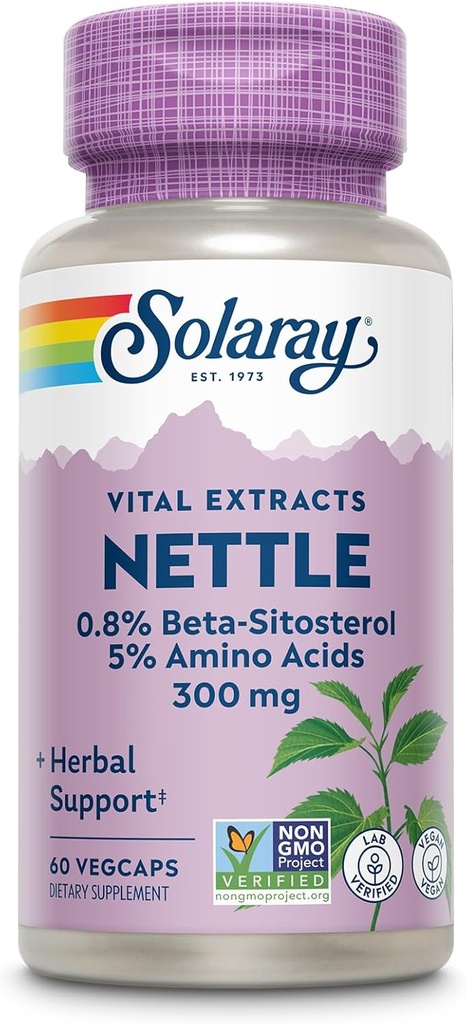 SOLARAY Nettle Root Extract 300 mg med Nettle Root 150 mg, Sund urinære & prostata støtte til mænd med aminosyrer og beta- sitosterol, Vegan, 60- dag garanti, 60 Servere, 60 VegCaps