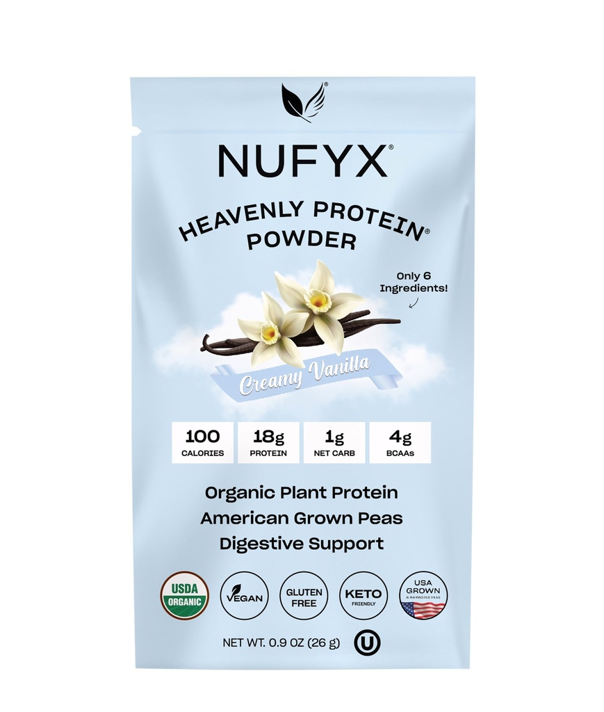 NUFYX ® • Heavenly Protein ® Powder • Verdens fineste 100% Økologiske Amerikanske Grown Peas • Vegan • Gluten Free • Lavcarb (Creamy Vanilla, Packet)