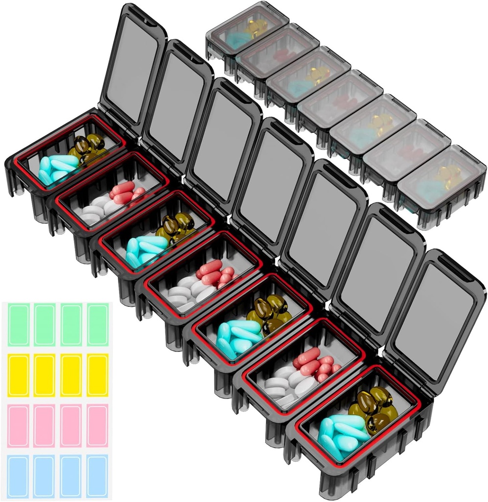 Restree Weekly Pill Organizer, 7 rum Bærbar Pill Box Én gang om dagen, Fugt-Bevis rejse Pill Case, Pill Storage Box for Vitamin, Medicin, Fish Oil / Kosttilskud (sort)