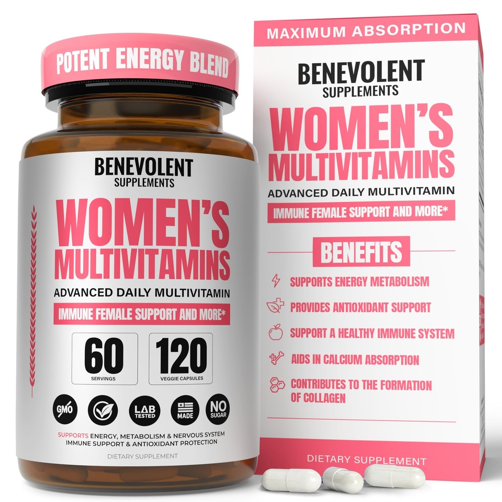 Multivitamin til kvinder - Supplement for energi, immunitet, & Kvindelig støtte - Daglige vitaminer til kvinder med biotin, calcium, Magnesium - non-GMO, Vegetarisk kvinders Multivitamin - 120 Caps