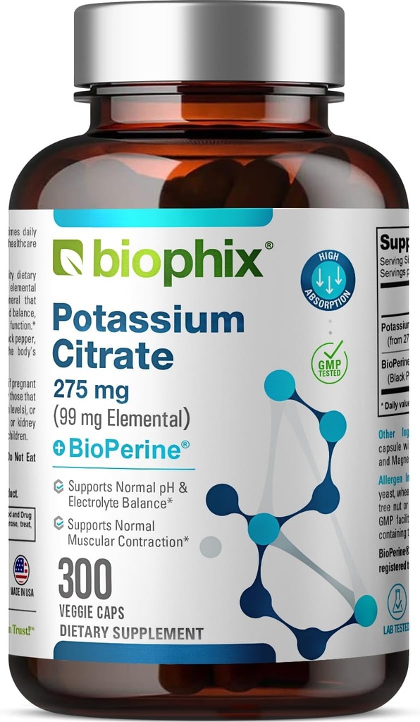 biophix Kalium Citrate 275 mg med BioPerine 300 Veggie Capsules - understøtter Electrolyte Balance, Nerve., Muskelfunktion og hjerte sundhed