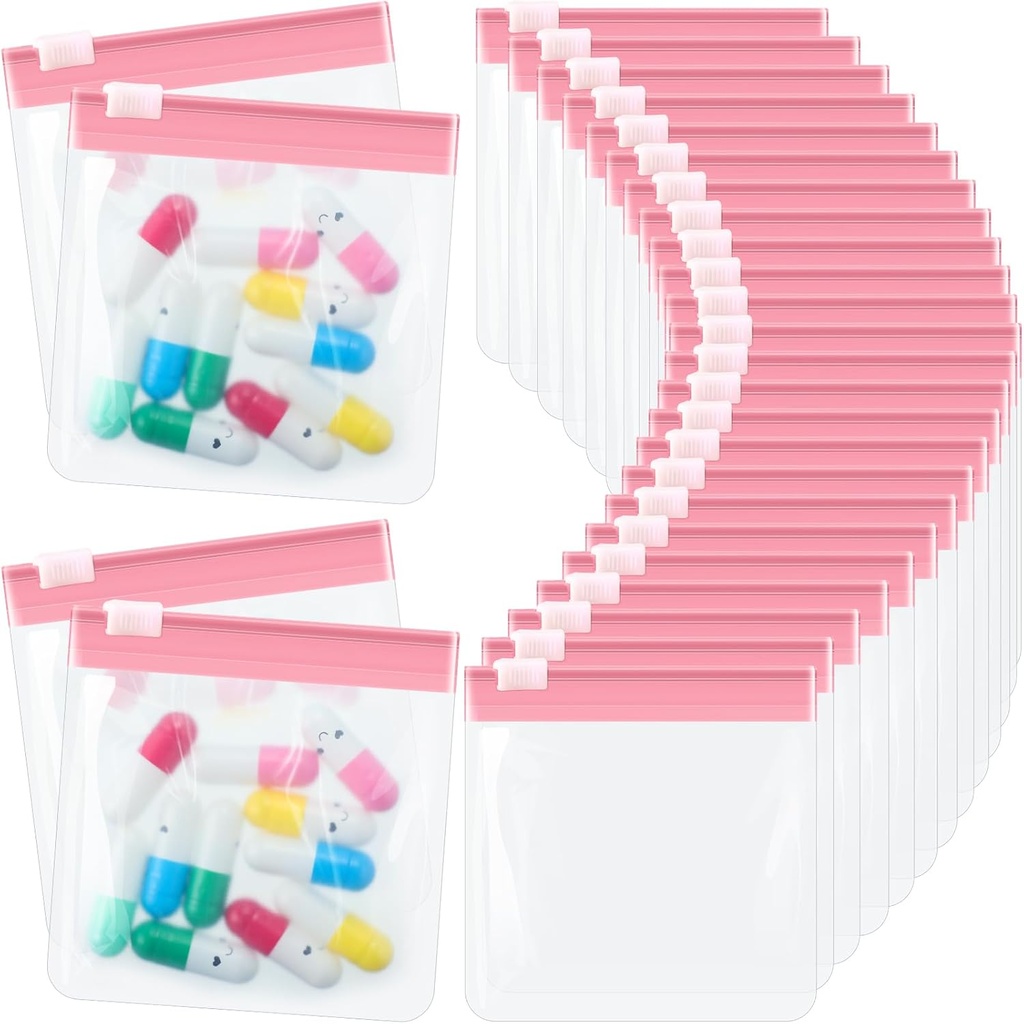 24 Stykker Pil Pouch Tasker Zipered Pil Pouch Sæt Genanvendelig gennemsigtig medicin Organizer Self Sealing Medicine Bag Rejser Plastic Pill Tasker med Slide Lock Pill Tasker til piller (lys Pink)