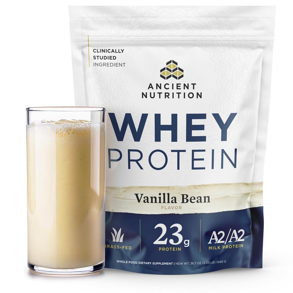 Ancient Nutrition Grass Fed Whey Protein, 23g Protein, Hydrolyzed Collagen Peptider, Organic Regenerative A2 / A2 Milk Protein (35 Servere, Vanilla Bean)