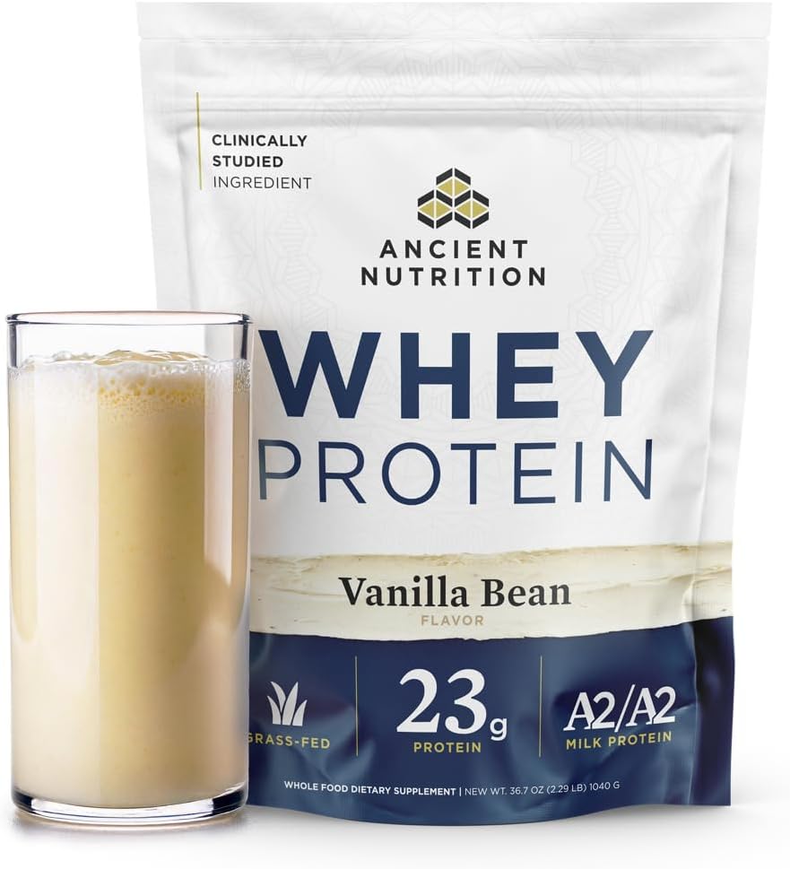 Ancient Nutrition Grass Fed Whey Protein, 23g Protein, Hydrolyzed Collagen Peptides, Organic Regenerative A2/A2 Milk Protein (35 Servings, Vanilla Bean)