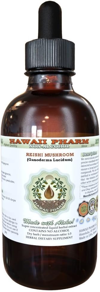 Reishi Alkohol- Free Liquid Extract - Tonic of Emperors, Organic Reishi Mushroom (Ganoderma Lucidum) Tørret Mushroom Glycerit Natural Herbal Supplement, Hawaii Pharm, USA 2 fl.oz