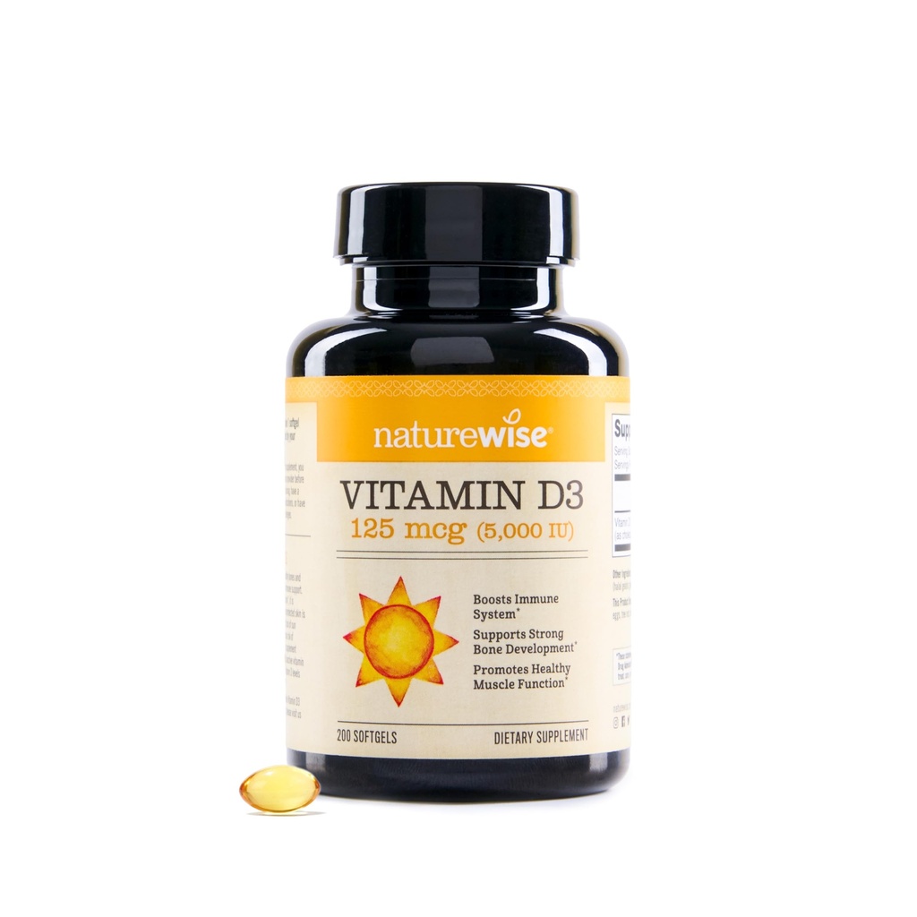 NatureWise Vitamin D3 5000iu (125 mcg) 200- Day Supply for immunforsvar, sund muskelfunktion, og ben sundhed - non-GMO, Gluten Free in Organic Extra Virgin Olivenolie, (Mini Softgel), 200 Greve
