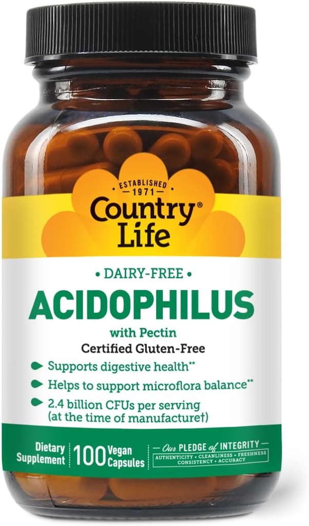Country Life Acidophilus Probiotisk supplement til kvinder & mænd - Gratis fra fælles allergener - 2.4 Millioner CFU 'er til støtte fordøjelsessygdomme - Dairy- Gratis, ikke-GMO, 100 Veganske kapsler