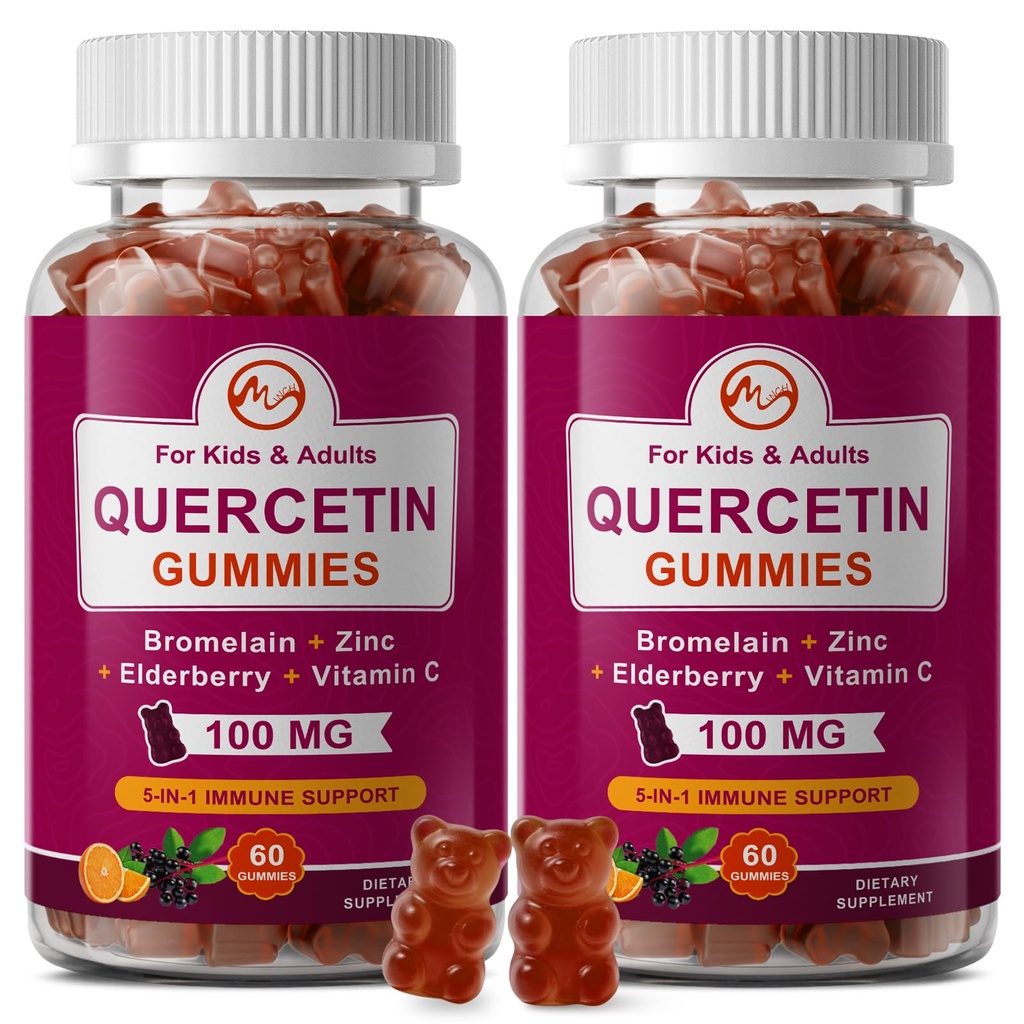 (2 Pack) Quercetin Gummies med Bromelain, Elderberry, Zink og C-vitamin - Chewable Quercetin 700mg Supplement for Immunitet, Allergi, Aging Support - Vegansk Gummies for Voksen & Kid