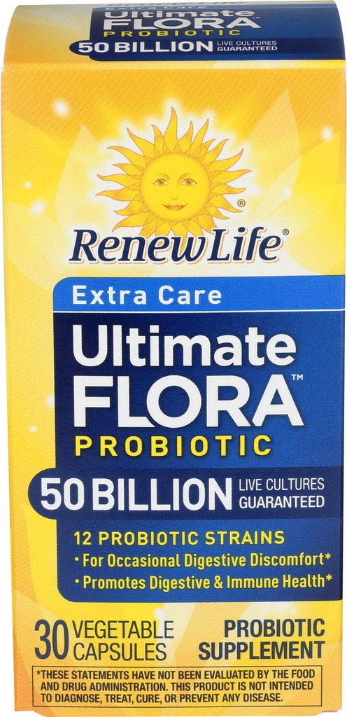 Renew Life Extra Care fordøjelige probiotiske kapsler, 50 Millioner CFU Garanteret, Dagligt tillæg støtter immunforsvar, fordøjelsessygdomme, åndedrætssygdomme (1), L. Rhamnosus GG, Dairy, Soy og Gluten- Free, 30 Greve