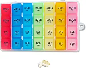 Ugentlig Pill Organizer 4 gange om dagen, 7-dag Pill bokse, Månedlig Medicin Organizer 28 dage Portable kompartmenter & Fugtighed- Bevis Ydre sag for vitaminer, fiskeolier, Kosttilskud (farve)