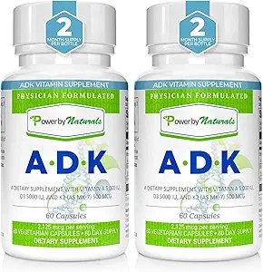 Power by Naturals ADK Vitamin Supplement: vitamin A, vitamin D3 5000 iu, og vitamin K2 MK- 7, Support Bone Health Vitamin ADK Supplement, Pure Vitamin D3 K2 MK7 & A, pakke med 2 (60 kapsler Hver)