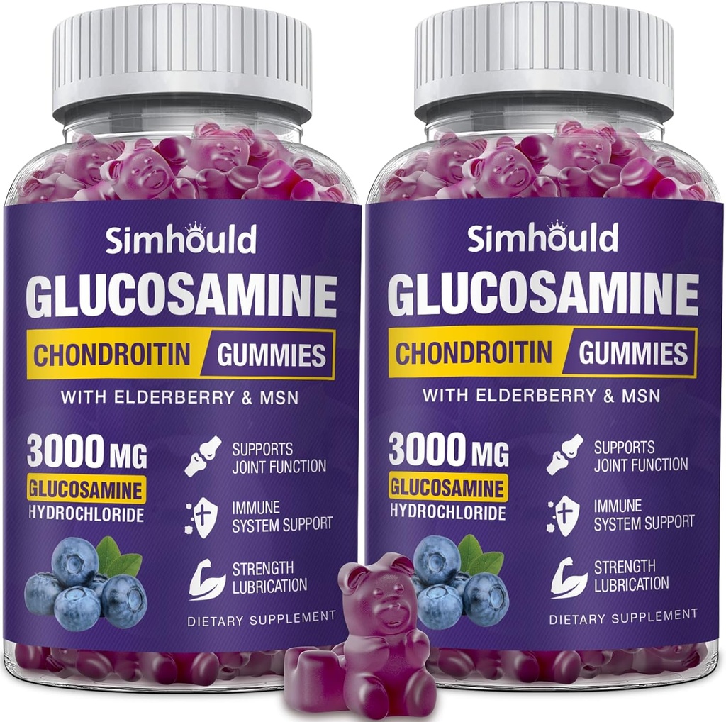 2 pakker Glucosamin Chondroitin Gummies - 3000MG ekstra styrke fælles supporttillæg med MSM & Elderberry, fleksibilitet, antioxidant immunsupportgam til voksne, mænd og kvinder