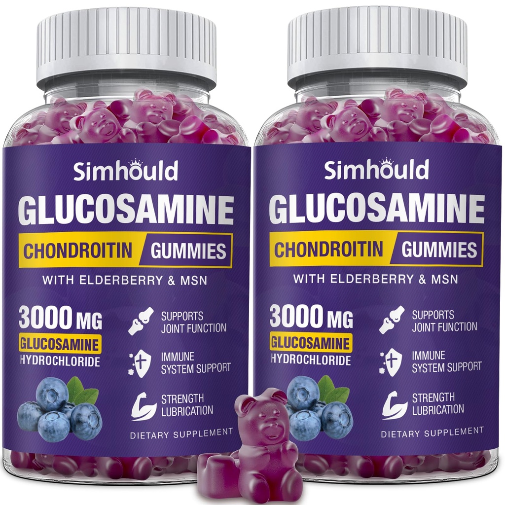 2 pakker Glucosamin Chondroitin Gummies - 3000MG ekstra styrke fælles supporttillæg med MSM & Elderberry, fleksibilitet, antioxidant immunsupportgam til voksne, mænd og kvinder