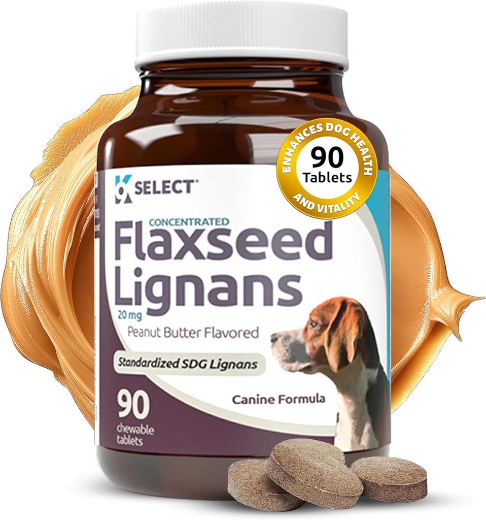 K9 Vælg Koncentreret Flaxseed Lignans til hunde, 20mg 90 tabletter, Peanut Butter Flavored Chewable, Impove Coat