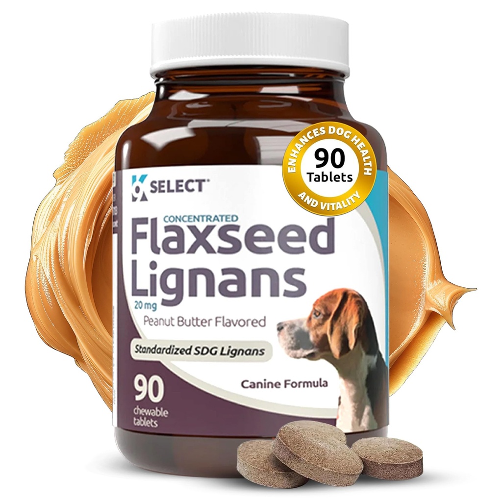 K9 Vælg Koncentreret Flaxseed Lignans til hunde, 20mg 90 tabletter, Peanut Butter Flavored Chewable, Impove Coat