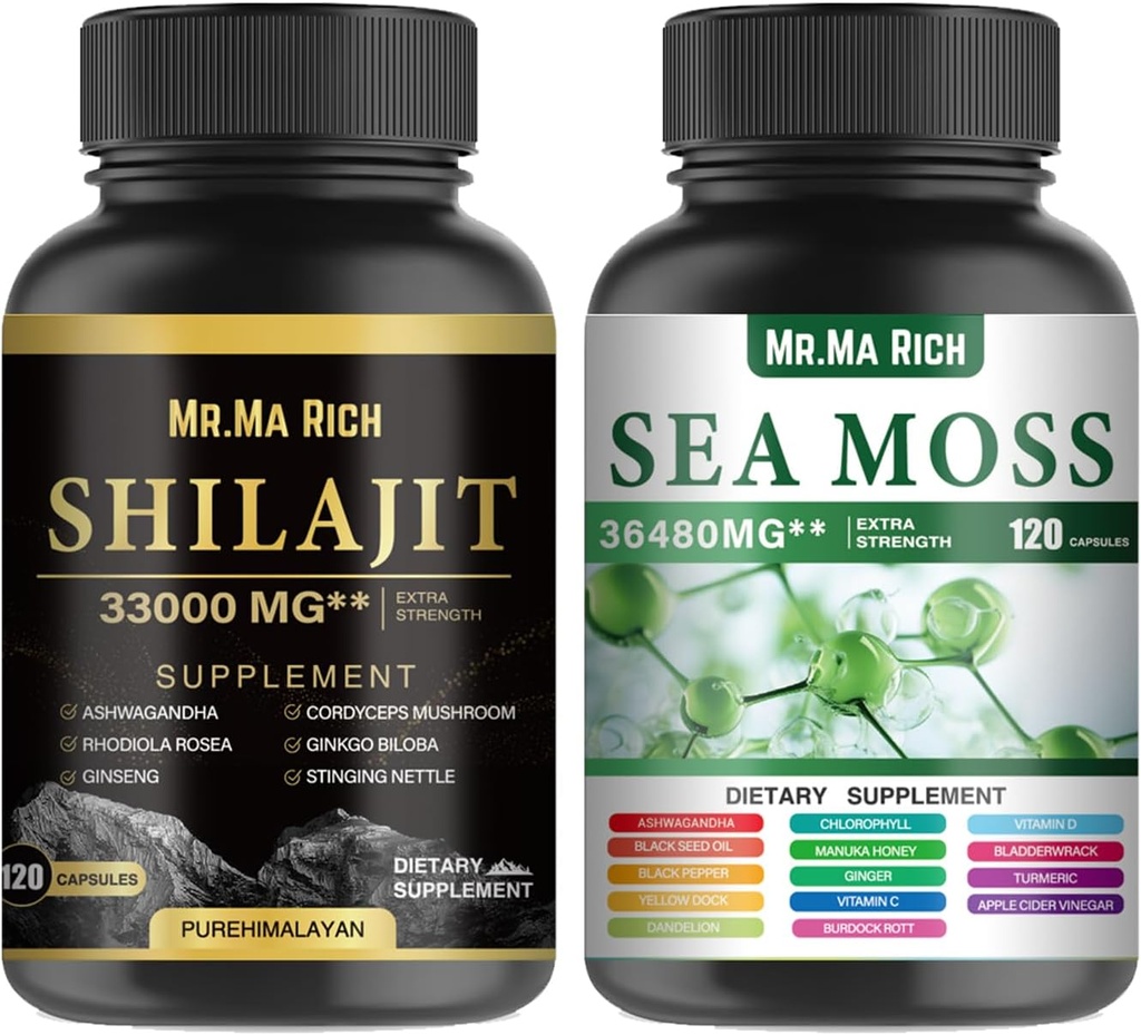 Sea Moss og Shilajit Capsule Bundle, Ashwagandha Rhodiola Rosea Ginseng Cordyceps Mushroom Ginkgo Biloba Stinging Nettle Magic Moss Blendim Black Seed Turmerisk Bladderwrack Burdock Black Pepper