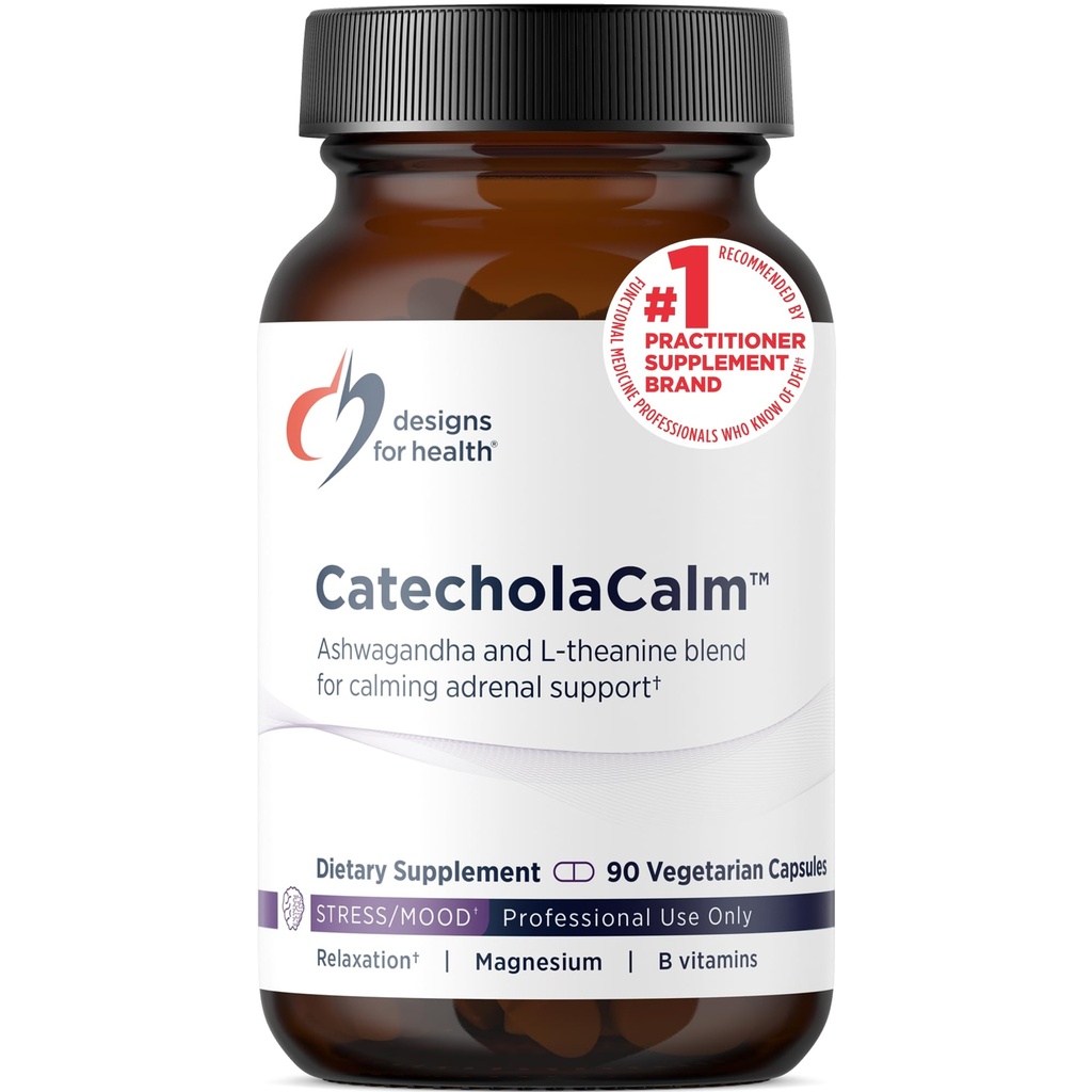 Design for sundhed CatecholaCalm - Adaptogene urter + Vitaminer til mad, Calm support med L- Theanin, Passion Flower + Phosphatidylserin - Non- GMO supplement (90 kapsler)