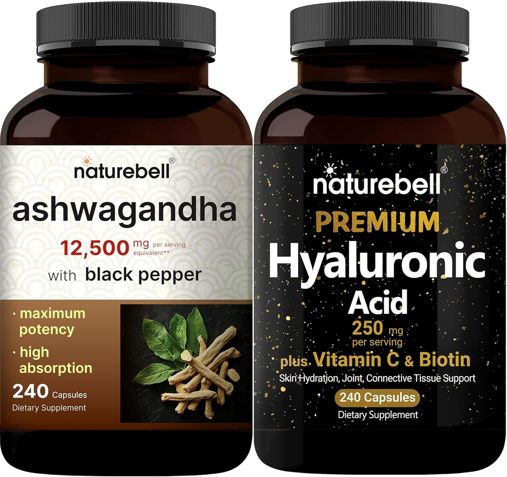 NatureBell Hyaluronsyre kapsler med Biotin + vitamin C & Ashwagandha 12.500 mg Ækvivalent med Black Pepper Bundle Pack