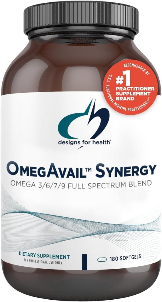 Design for sundhed OmegAvail Synergy - Omega kompleks for voksne - Omega 3-6-7-9 Fedtsyrer fra Borage og Macadamia Oil + triglycerid (TG) Fiskeolie med DHA & EPA (180 Softels)