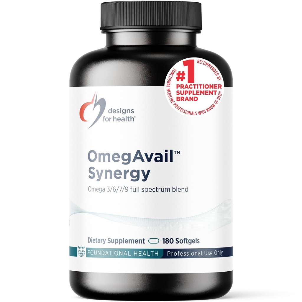 Design for sundhed Omegavail Synergy - Omega Complex for voksne - Omega 3-6-7-9 Fedtsyrer fra Borage og Macadamia Oil + triglycerid (TG) Fish Oil med DHA & EPA (180 Softgels)