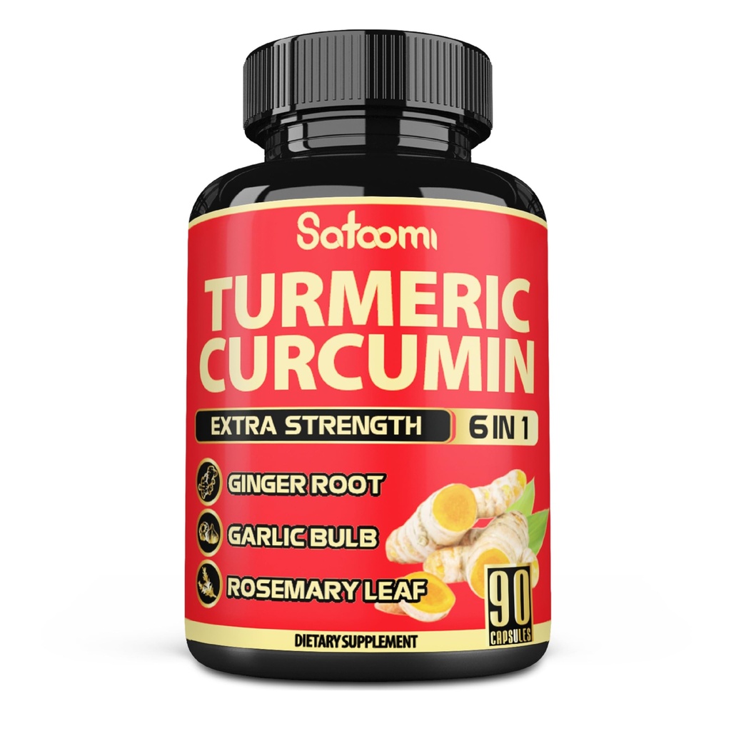 Satoomi 6in1 Gurkemeje supplement - 3 måneder Tilgang - 95% Curcuminoider med ingefær Root, hvidløg Bulb, Rosemary & Black Pepper - 90 kapsler