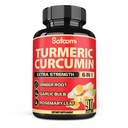 Satoomi 6in1 Gurkemeje supplement - 3 måneder Tilgang - 95% Curcuminoider med ingefær Root, hvidløg Bulb, Rosemary & Black Pepper - 90 kapsler