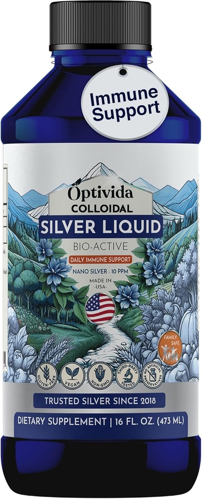 Optivida Health kolloid sølv væske (16 Oz) - Premium Nano sølv kolloid supplement til daglig wellness & immunstøtte, naturligt flydende sølv Hydrosol til voksne & børn, non-GMO, glutenfri
