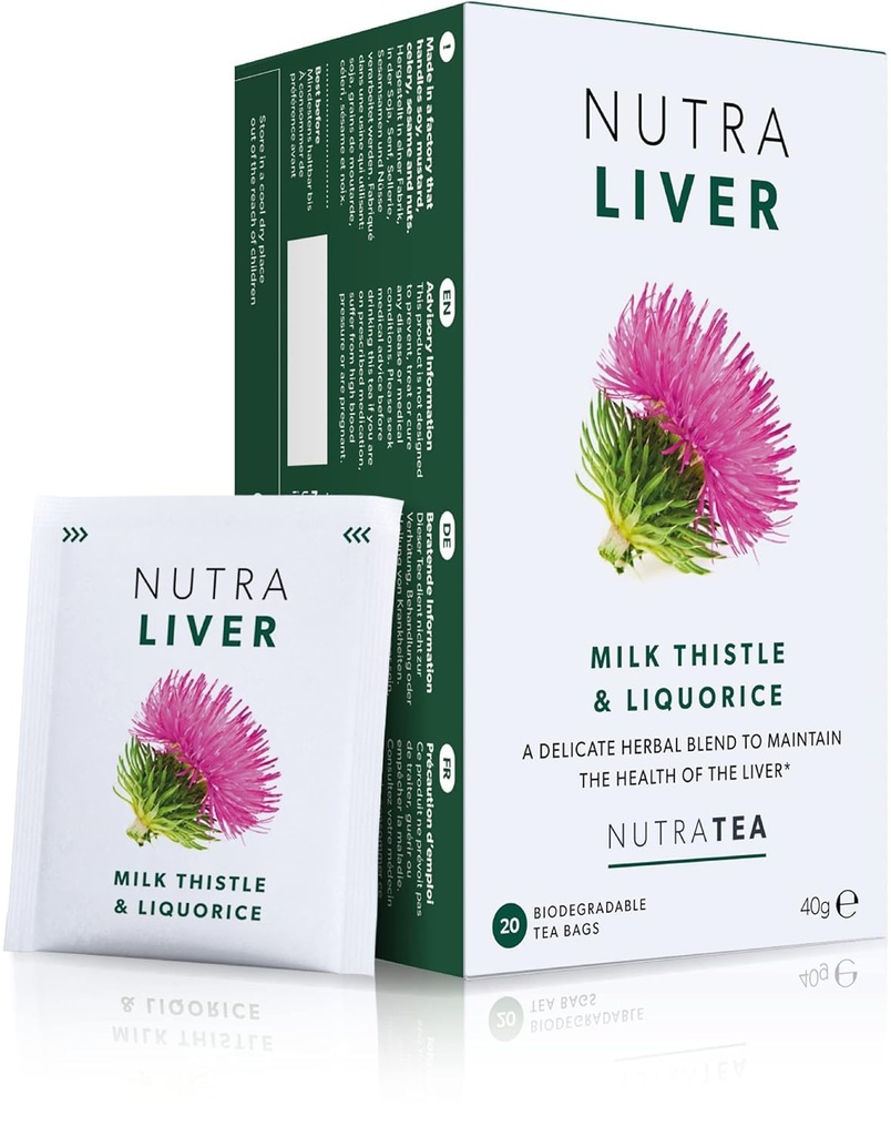NUTRALIVER - Detox te til lever oprydning og støtte - Med mælk tidsel, gurkemeje & Fennel - 20 teposer - Urte te af Nutra Tea