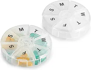 Ugentlig Pill Organizer - (Pack of 2) 7 Day Pills Container, Round Medicine Organizer Box, Daily Week Pill Reminder Case Travel Friendly, BPA- Gratis Vitamin, tillæg, Fish Oil, Medication Planner