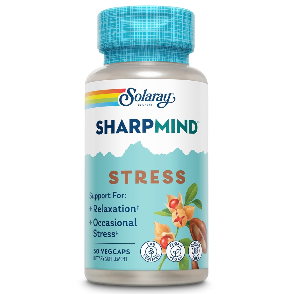 SOLARAY SharpMind Stress, Nootrop Mood Support for Afslapning og Lejlighedsvis Stress Relief Support, Adaptogen med Ashwagandha, L Theanine, 60 dag penge garanti, 30 Serv 30 VegCaps
